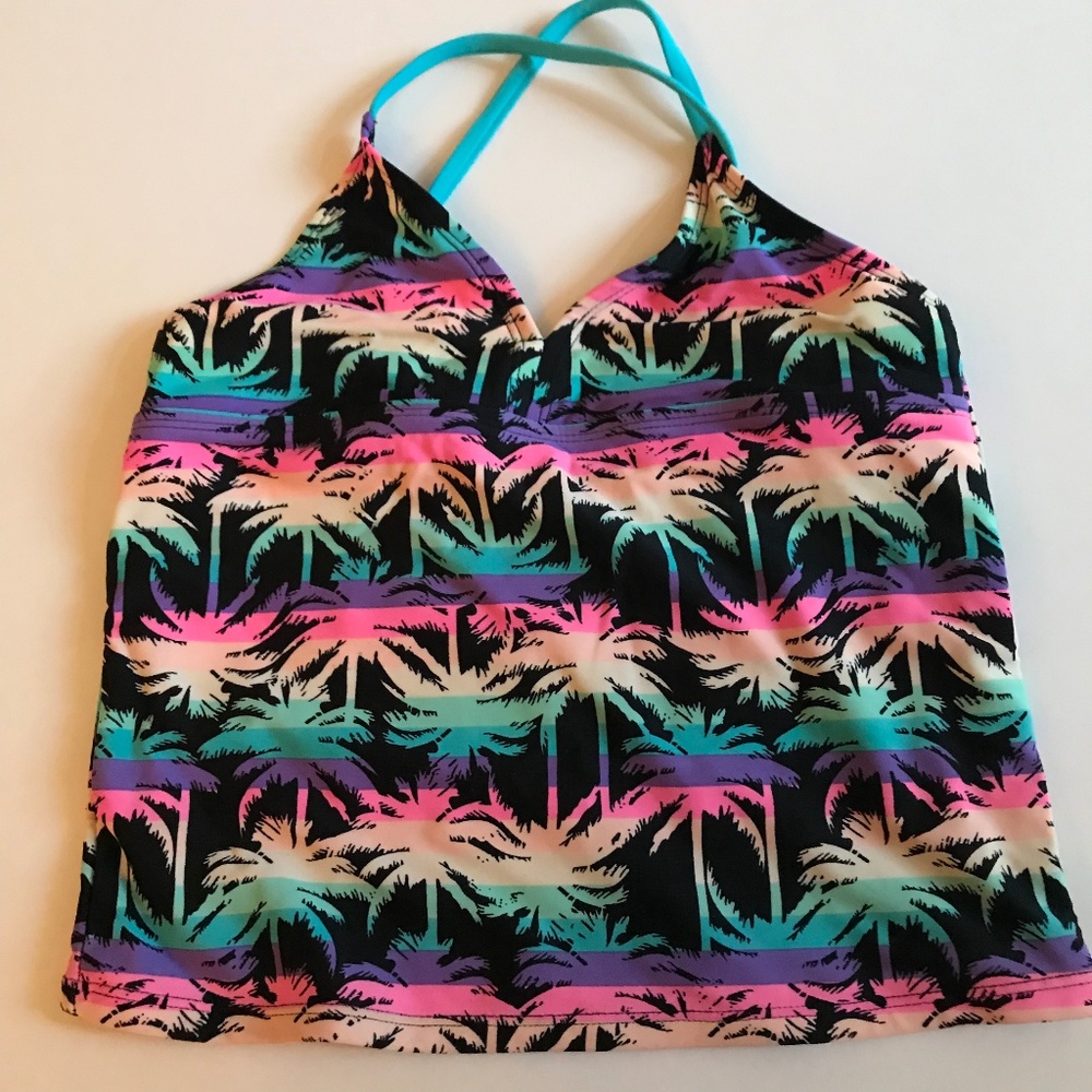 Girls Palm Tree Swim Tankini Top Pink Black Purple